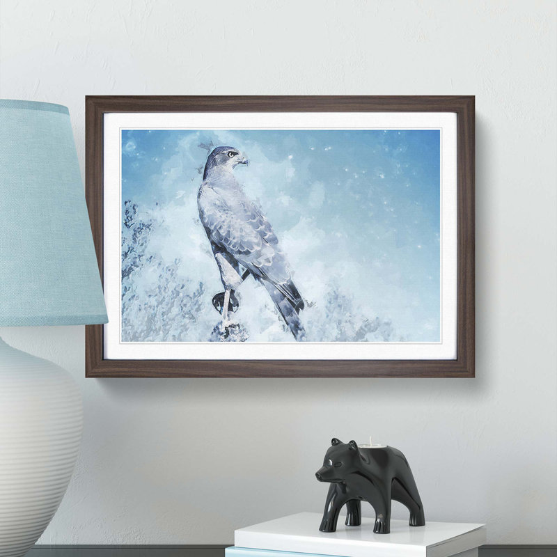 Falcon Bird with a Winter Scene - Picture Frame Painting Print, 50cm H x 76cm W x 2cm D, Walnut