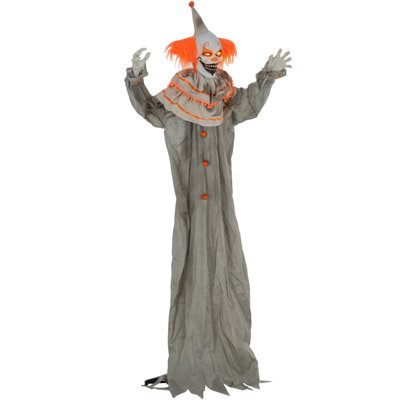 Clown aux cheveux orange, décoration d'Halloween extérieure animatronique, son et lumières activées par le mouvement