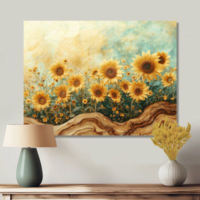 Donnia tournesols champ paysage sur un sommet de rivière en bois II - tournesols grand art mural