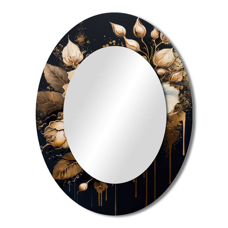 Navy Blue And Gold Rose II - Floral Oval Decorative Mirror On Metal, 43" x 33"
