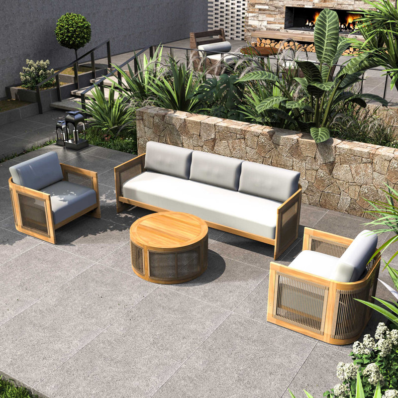 Guzal 4 - Piece Acacia Wood Patio Outdoor Conversation Set With Cream Cushions
