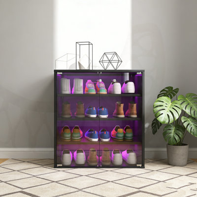 Boîte à chaussures avec lumière DEL RVB, rangement pour chaussures empilable en bois avec porte en verre