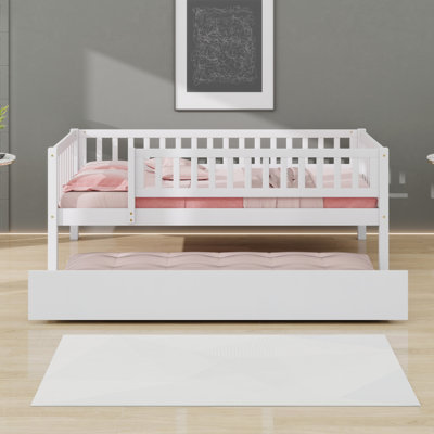 Wood Daybed With Trundle And Fence Guardrails