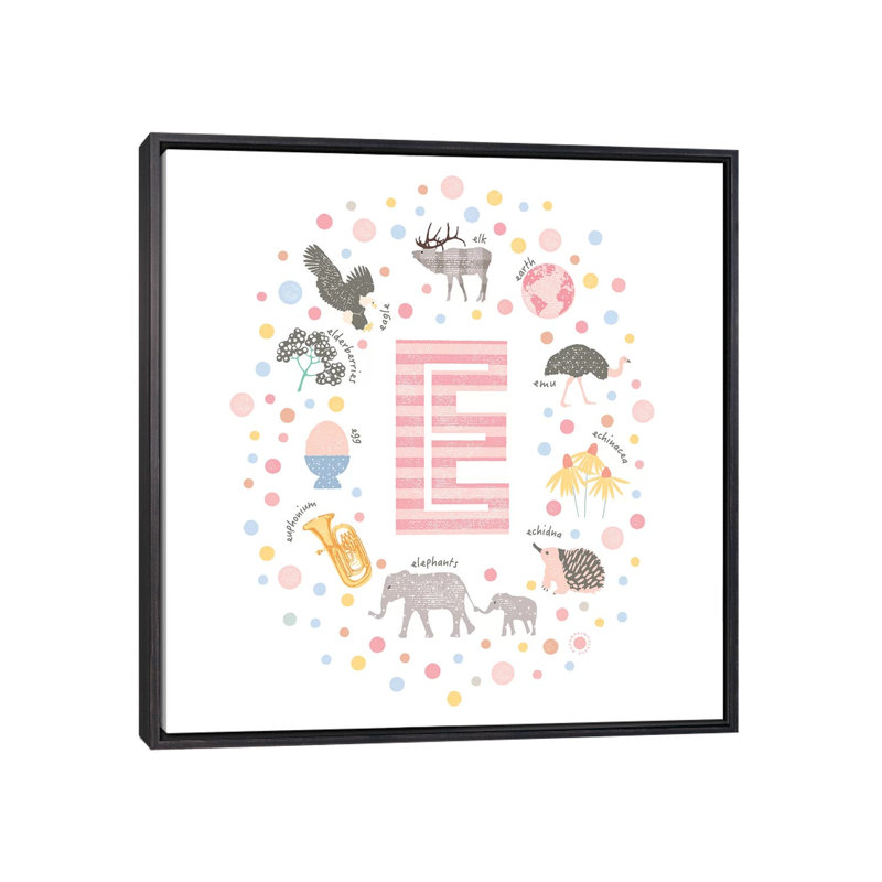 Lettre illustrée E rose - impression, Pas de tapis, Toile avec cadre noir patiné, H 26 po x l 26 po x P 1,5 po