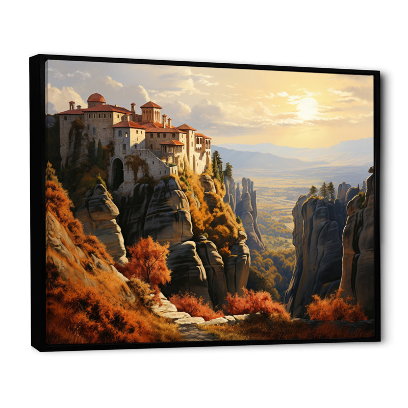Greece Meteora Enigma I - Landscapes Canvas Art Print, Cadre flottant noir, H 24 po x l 32 po x P 1 po