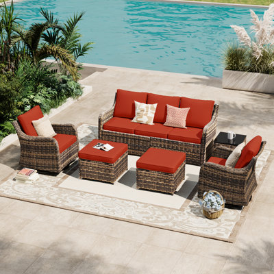  Ensemble de mobilier de patio avec chaises berçantes pivotantes, ensemble de conversation pour patio 6 pièces, canapé d'extérieur en osier avec coussins imperméables pour porche de jardin (rouge)