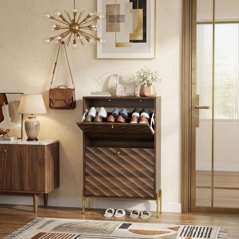 Armoire à chaussures 23,6 po Mid-Century moderne en noyer avec 2 tiroirs rabattables