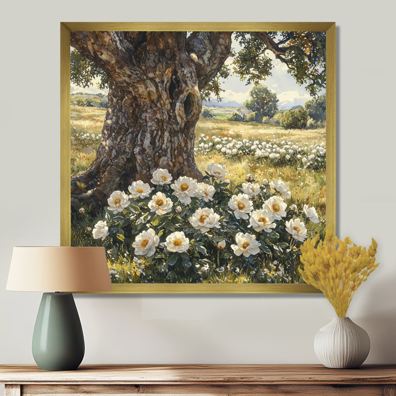 Pivoines près du vieux chêne II - pivoines, art mural, H 30 po x l 30 po, Picture Framed Print, Doré