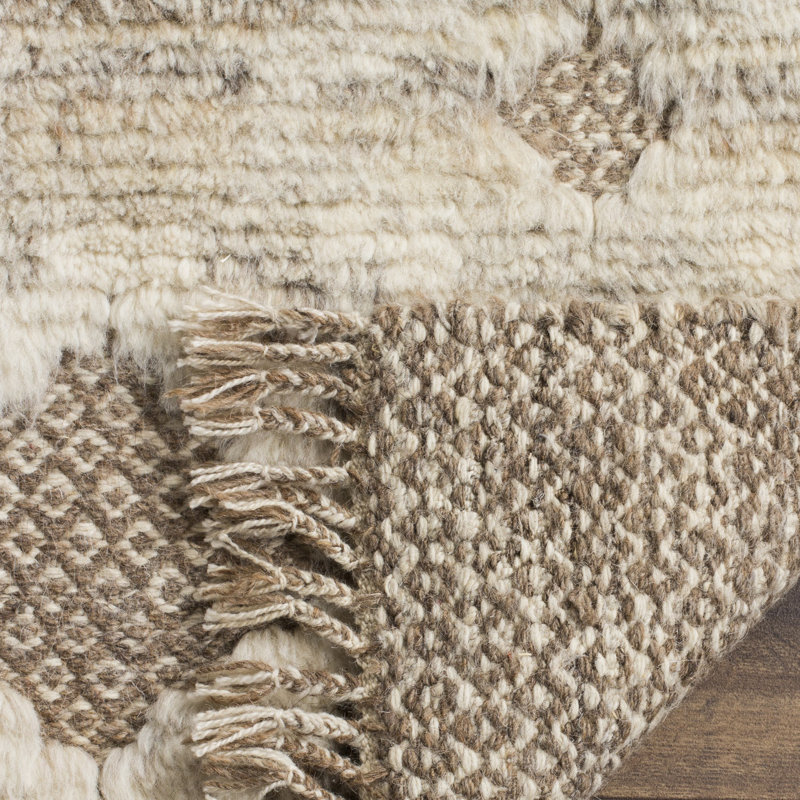 Tapis géométrique en laine / coton noué à la main Alimatou ivoire / brun / beige, Rectangle 9 pi x 12 pi