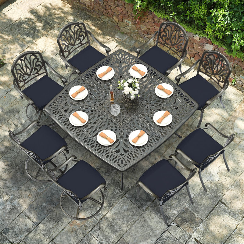 Bloomsbury Market 9-piece Outdoor Furniture Dining Set For 8, All-weather Cast Aluminum Patio Table And Chairs Set With 8 Chairs, 63.98" Large Square Dining Table With 2.2" Umbrella Hole