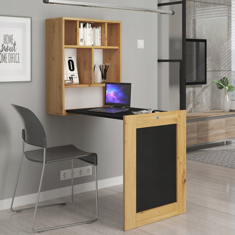 Rolef L-Shaped Floating Desk, Oak/Black Matt