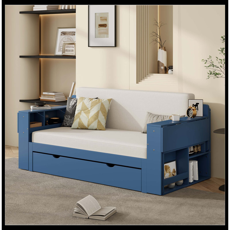 Lit de jour double avec bureau amovible, tiroirs de rangement et table d'appoint hydraulique, bleu, Bleu