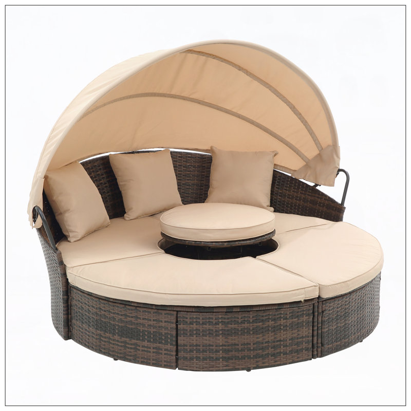 Outdoor Rattan Round Sofa Bed with Canopy, Beige