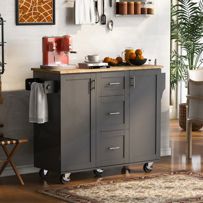 Rolling Kitchen Island with Storage, Rubber Wood Top, 3 Drawers, 2 Slide-Out Shelves, and Internal Racks, on Wheels with Spice Rack & Tower by Winston Porter