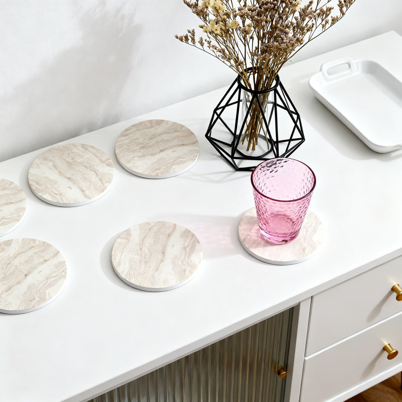 Set Of 6 Absorbent Ceramic Coasters With Metal Holder, Cork Backing For Table Protection, Minimalist Home Decor, Coffee Table Accessories