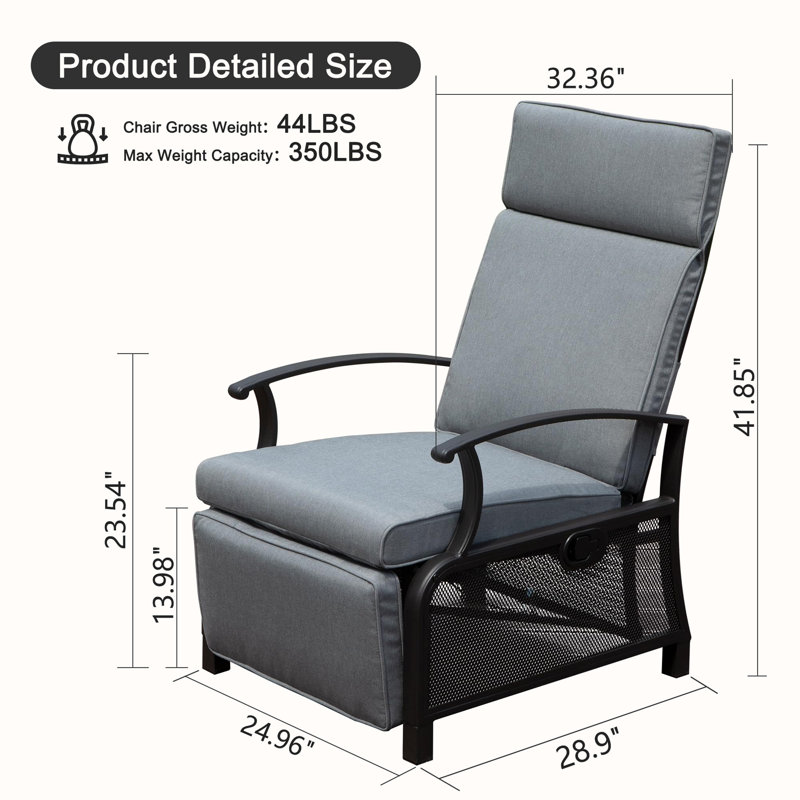 Recliner Chair Metal Outdoor Lounge Chair with Flip Table, Gray