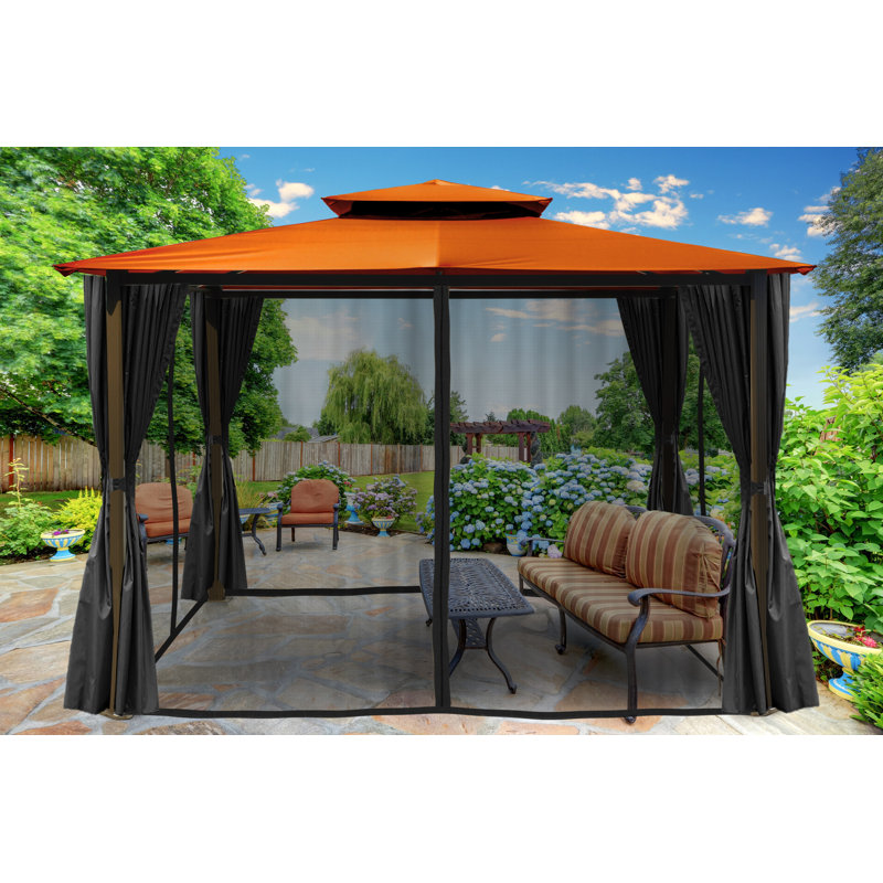 Barcelona 10 Ft. W x 12 Ft. D Aluminum Patio Gazebo with Mosquito Netting and Privacy Curtains, Rust