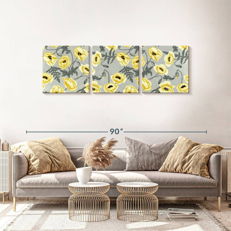 Motif de pavot jaune 3 pièces, H 24 po x l 74 po x P 1,25 po