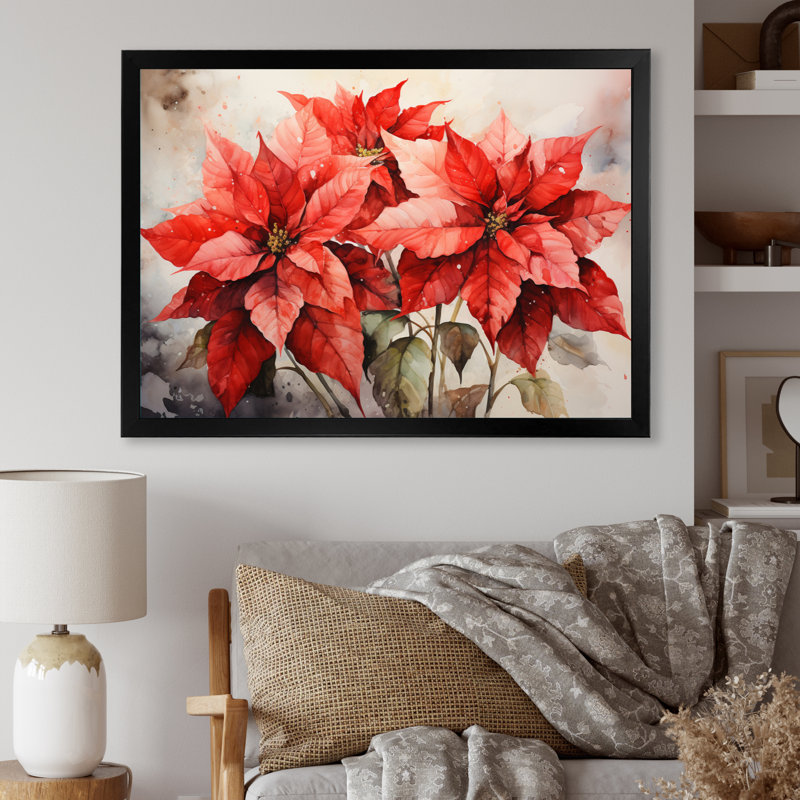 Fleur de poinsettia rétro sur toile, Black Picture Framed, 34" H x 44" W