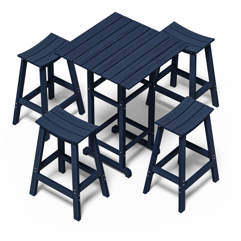 5-piece Hdpe Outdoor Bar Set – Square Patio Table & 4 Bar Stools, Weather-resistant, All-weather Furniture For Balcony, Garden, Poolside