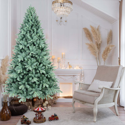 Arbre de Noël 6 pi PE / PVC bleu-vert 6 pi - 1390 pointes, branches articulées, aspect naturel, support en métal stable, décoration des Fêtes facile à assembler