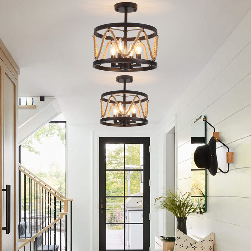 Chesmore 4 - Light 12.6"W Dimmable Hemp Rope Drum Semi Flush Mount Bohemian Ceiling Light Fixture for Dining Room, Living Room and Coastal Themed Dining Areas