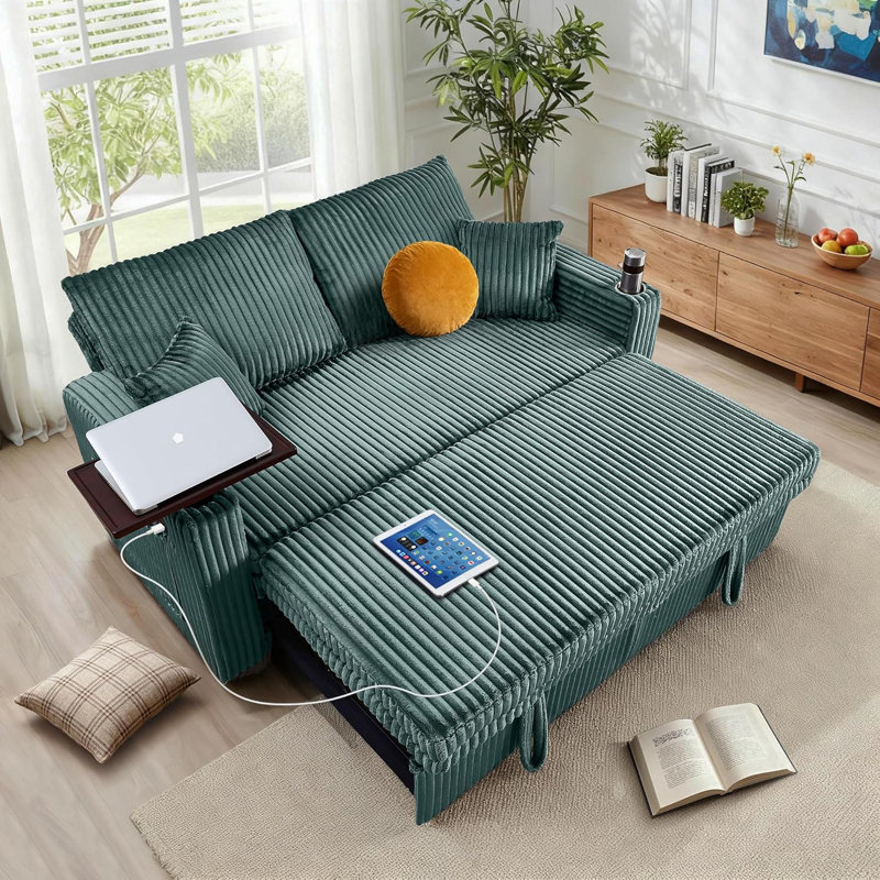 Canapé-lit 65 po, canapé-lit convertible avec petite table | Port USB | Porte-gobelet | Velours côtelé | Dossier réglable pour appartement, bureau, chambre à coucher