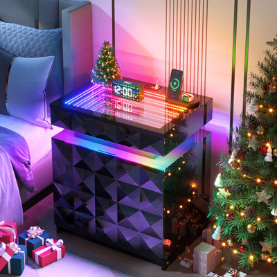 50cm W Bedside Table with 3D Mirror Abyss and Sensor RGB Lighting, 2-Drawer Bedside Table with Hidden Storage And Lockable