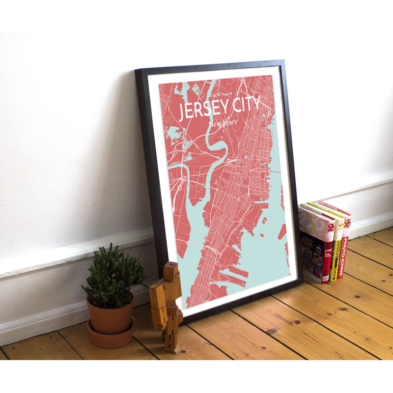 «Jersey City City Map», reproduction d'impression sur affiche en rose, H 17 po x l 11 po