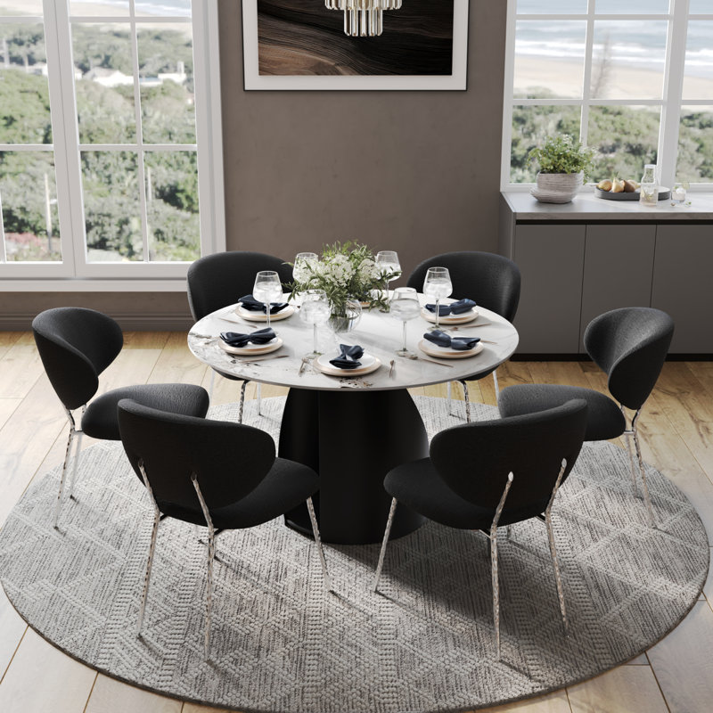 Table de salle à manger 48 pouces en pierre frittée blanche avec base en métal au fini noir