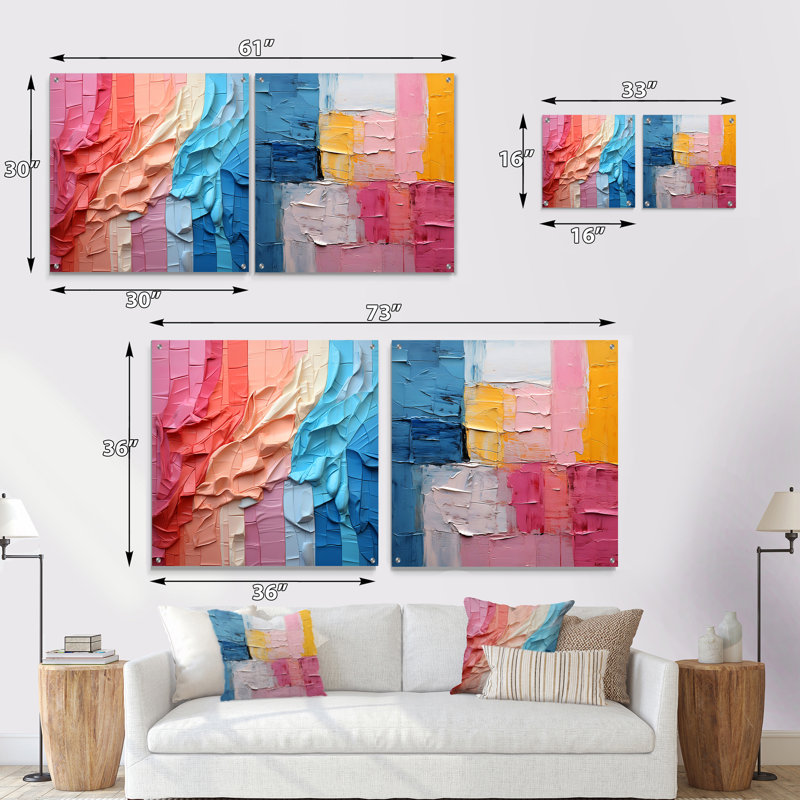 Abstrait patchwork IV - ensemble de 2 peintures murales abstraites en acrylique, H 16 po x l 33 po