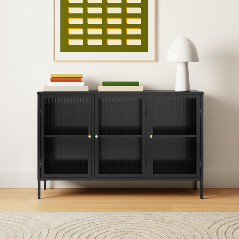 Black Steel and Glass 52'' Modern Sideboard with Gold Hardware