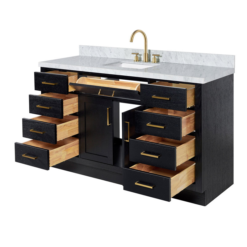 Tidworth Solid Wood Single Bathroom Vanity with 1.5'' Carrara Marble Top, Rectangular, Black Oak