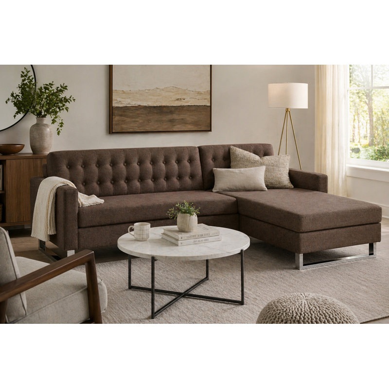 Sloan Sectional– Modern RIGHT Arm Facing Sectional Sofa with Tufted Back, Chaise Lounge, Stainless Steel Legs- Faux/Vegan Leather Sectional - Black Sectional