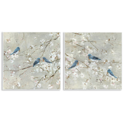 «Blue Birds Perched Tree Blossoms Spring Scene», ensemble de 2 plaques murales par Sally Swatland