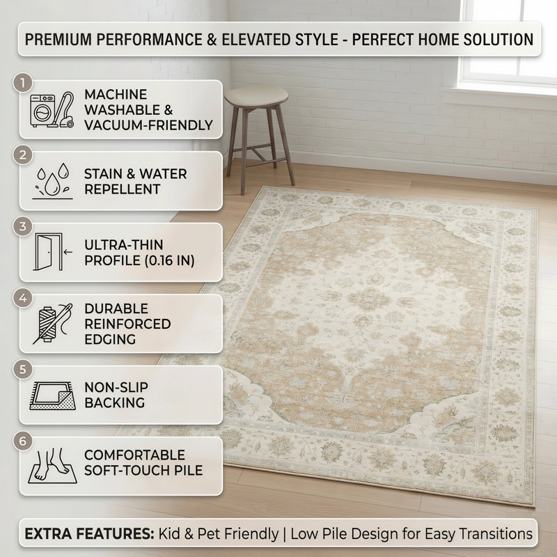 Machine Washable Vintage Oriental Area Rug Non-Slip Backing Beige/Sage Green/Taupe Indoor Carpet for Living Room, Bedroom