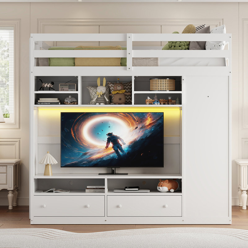 Lit mezzanine multifonctionnel avec tiroirs de rangement, tablettes et lumière DEL télécommandée, idéal pour les adolescents et les adultes afin de maximiser l'espace