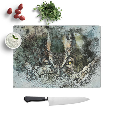 Glass Long-Eared Owl in Abstract Chopping Board