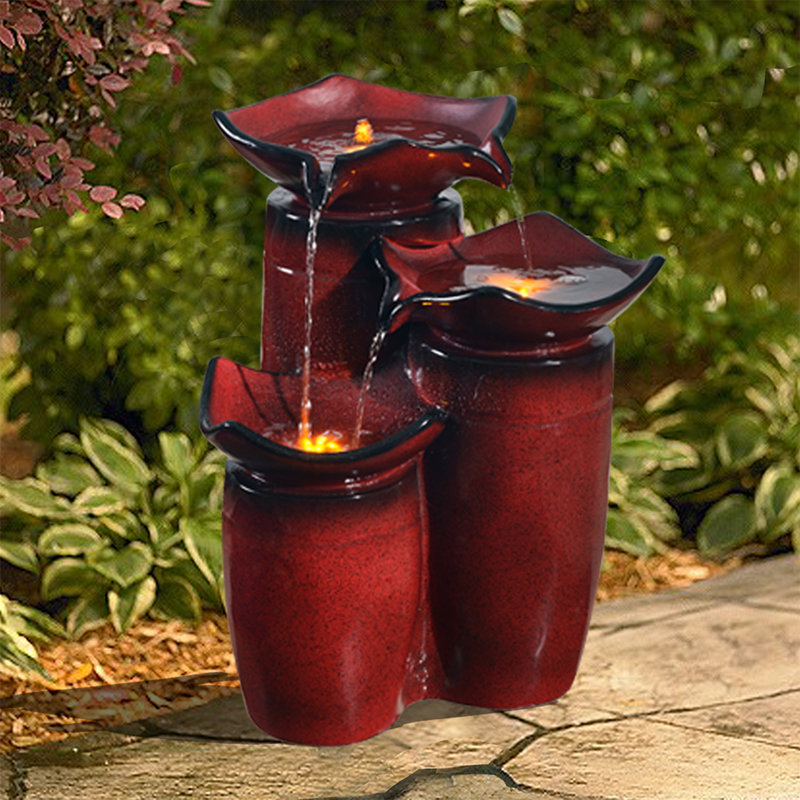 Gradient Red Polyresin 3-Tier Floor Fountain with LED Lights