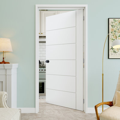 32" x 80" 6-Panel Molded Solid Horizontal Pattern Interior Prehung Door with Round Knob and Silver Hinges, Solid Core Door Slab, Paintable & Waterproof, Suit for Laundry, Closet Doors, Room Doors, Right Hand
