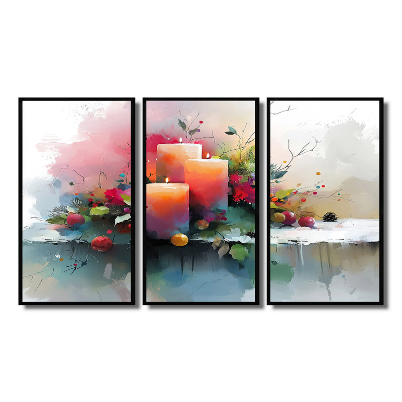 Ensemble de salon de Noël rose et orange Glow I - Christmas Wall Art, Toile avec cadre flottant noir