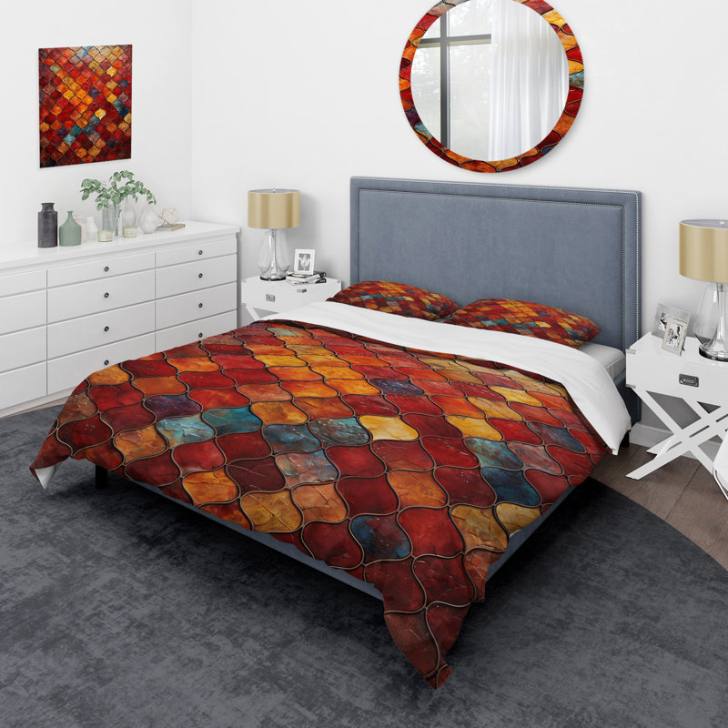 Ensemble de housse de couette à carreaux abstraits orange et jaune Elegance