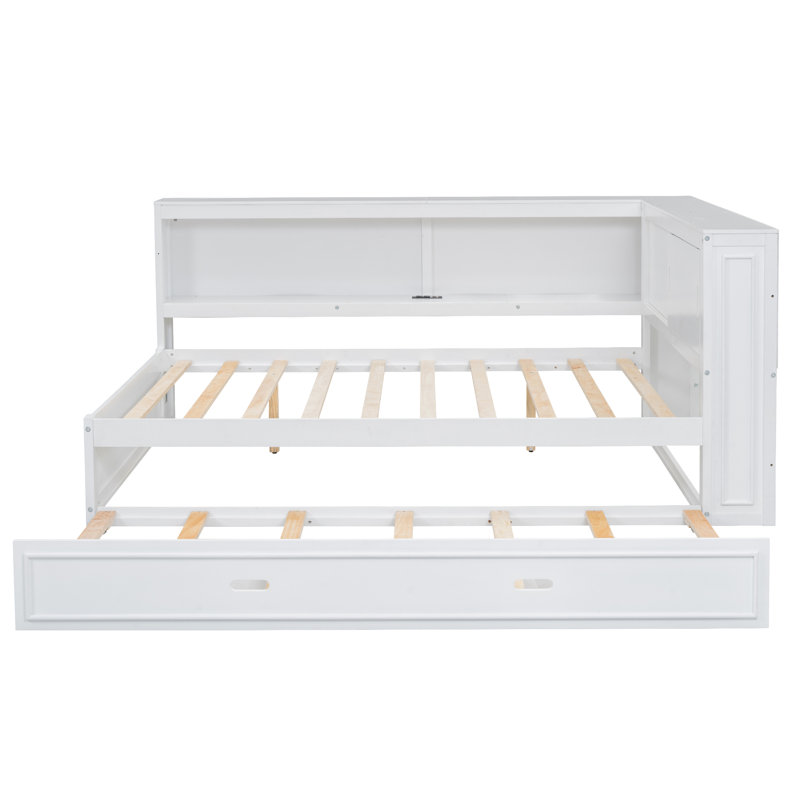 Lit de jour en bois avec tablettes de rangement, USB, DEL et lit gigogne, Blanc