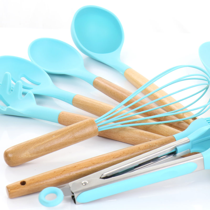 MegaChef Light Teal Silicone and Wood 12-Piece Cooking Utensil Set