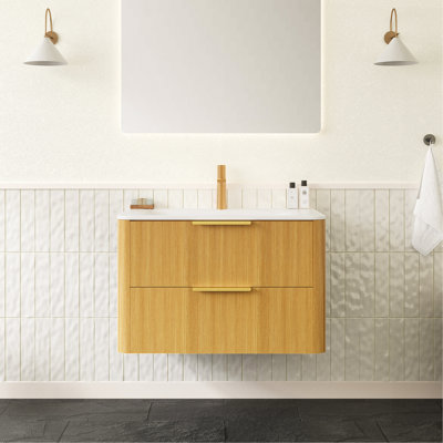30" Bathroom Vanity With Sink, Floating Ultra-Pinstriped Plywood Storage Cabinet With Drawers, Carrara White Sintered Stone Hot-Bent Integrated Basin, Pre-Assembled, Light Natural Woodgrain Color