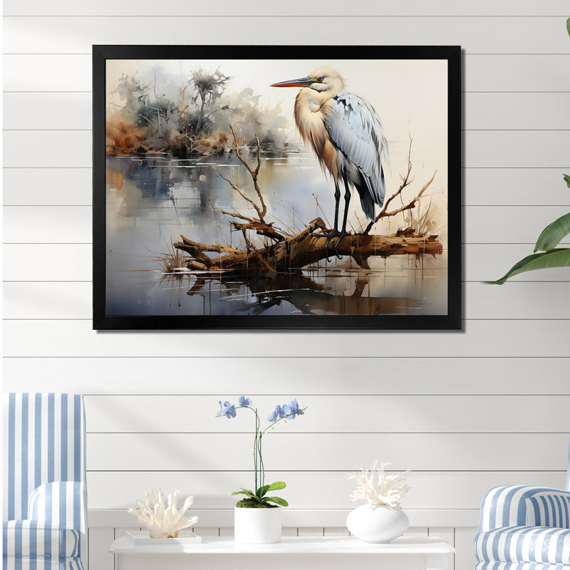 Héron au lac Horizon - héron, art mural, H 34 po x l 44 po x P 1,5 po, Cadre noir