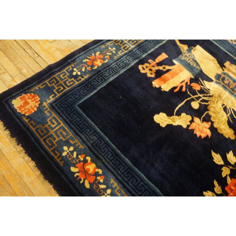 Blue Flowers Vase Pattern Antique Blue Color Baotou Chinese Wool Rug