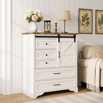 47"Farmhouse Storage Cabinet with Sliding Barn Door, 5 Drawers and Adjustable Shelf, Accent Cabinet for Living Room, Entryway, Dining Room and Bedroom
