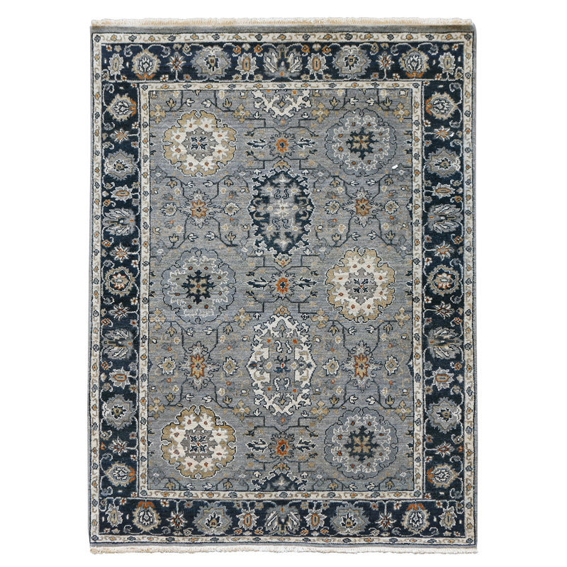 Hand-Knotted Gray and Blue Wool 8' x 10' Area Rug
