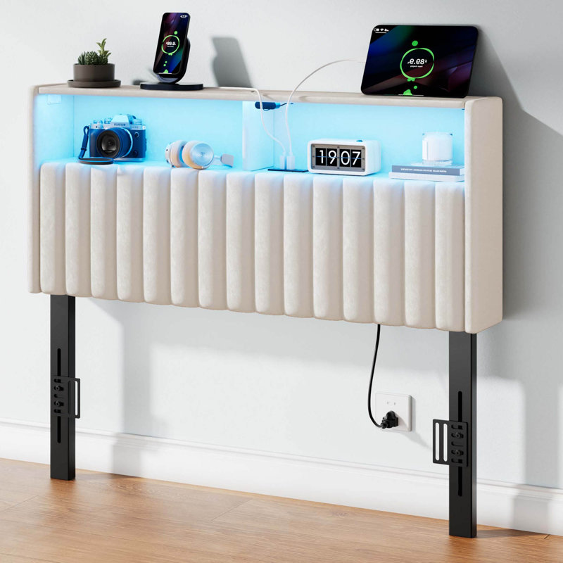 Tête de lit tapissier avec lumières DEL et station de charge Berte, Simple, Velours blanc